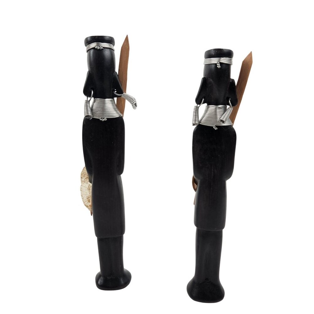 Vintage African Tribal Style Carved Figurine Pair Metal Neck Rings Spears - Picture 8 of 10